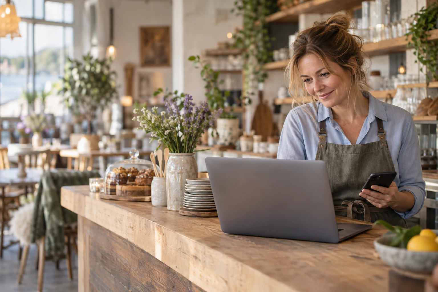 En oplevelsesvært arbejder ved en computer i sin café