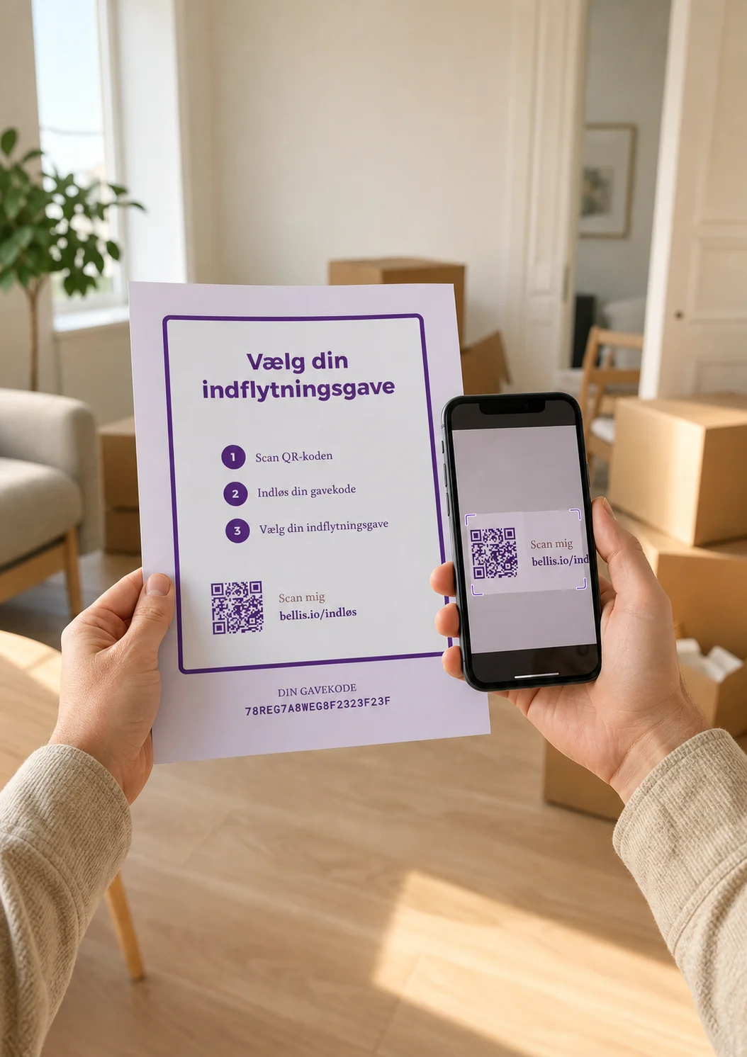 Ny boliglejer scanner PLP Ejendommes indflytningsgave med sin telefon